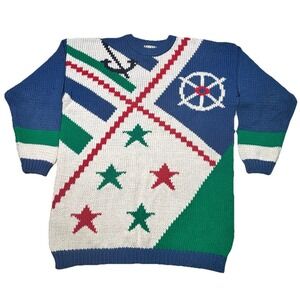 Vintage Gina Peters Sweater Mens L Colorblock Knit 90s Fashion Stars Nautical